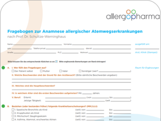 Ein Allergiefragebogen von Allergopharma mit dem Titel „Fragebogen zur Anamnese allergischer Atemwegserkrankungen“. Es enthält Felder für persönliche Informationen und eine Checkliste mit Allergien und Symptomen im Zusammenhang mit Atemwegserkrankungen.