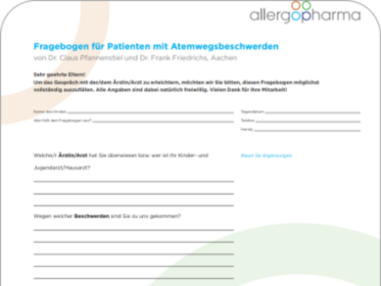 Ein Fragebogen in deutscher Sprache mit dem Titel „Fragebogen für Patienten mit Atemwegsbeschwerden“. Er enthält Abschnitte für Patienteninformationen, Symptome und Krankengeschichte. Oben befindet sich das Logo „allergopharma“. In verschiedenen Feldern und Kontrollkästchen werden Angaben vom Patienten abgefragt.