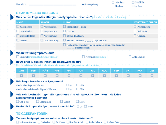 Ein deutscher Allergiefragebogen mit dem Titel „Allergie-Fragebogen“ mit Abschnitten für persönliche Angaben, Symptombeschreibungen, Symptomdauer, Auslösefaktoren und vorherige Behandlung. Er enthält Kontrollkästchen und Felder für detaillierte Antworten.